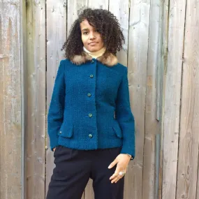 1960s Teal Wool Jacket With Fur Collar M