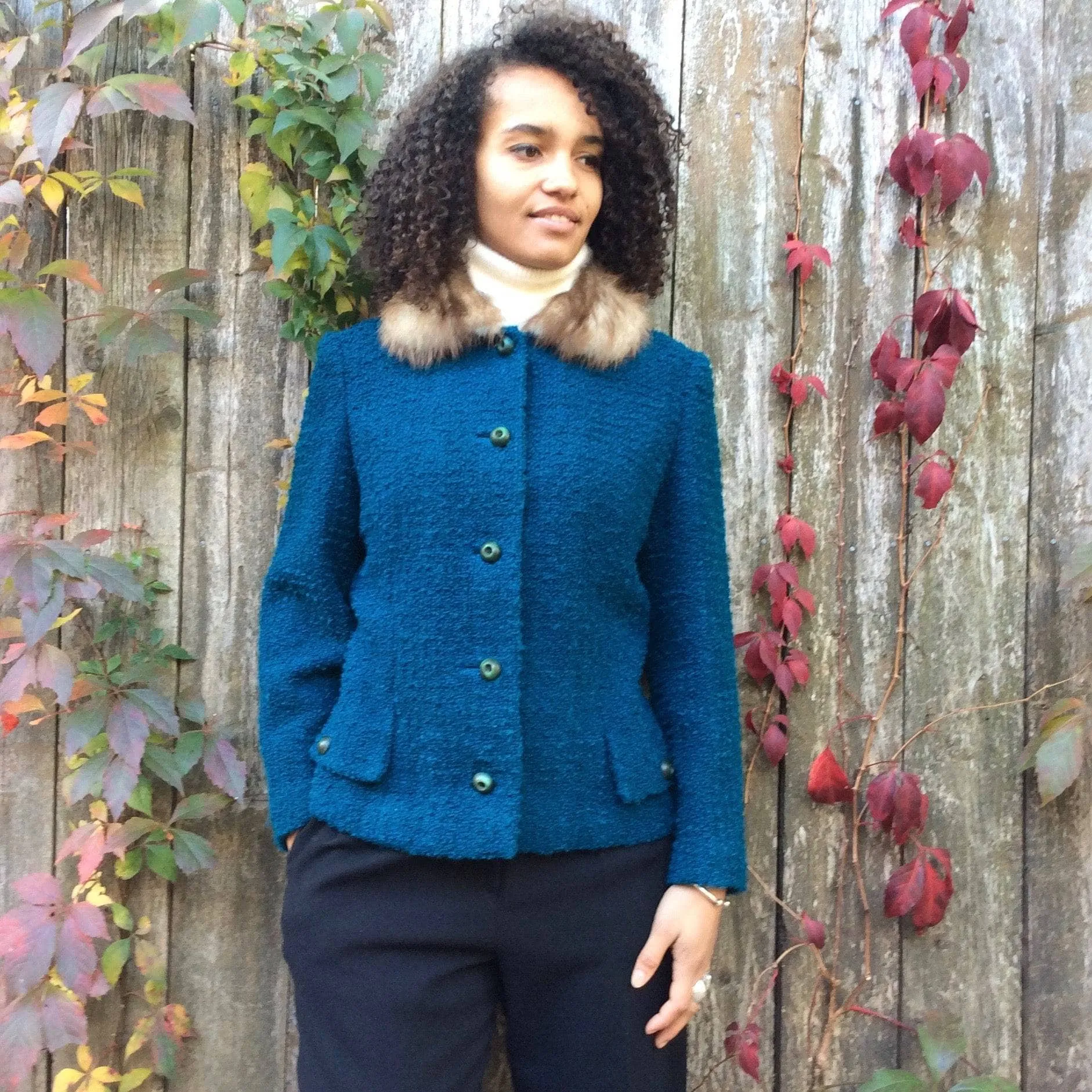 1960s Teal Wool Jacket With Fur Collar M