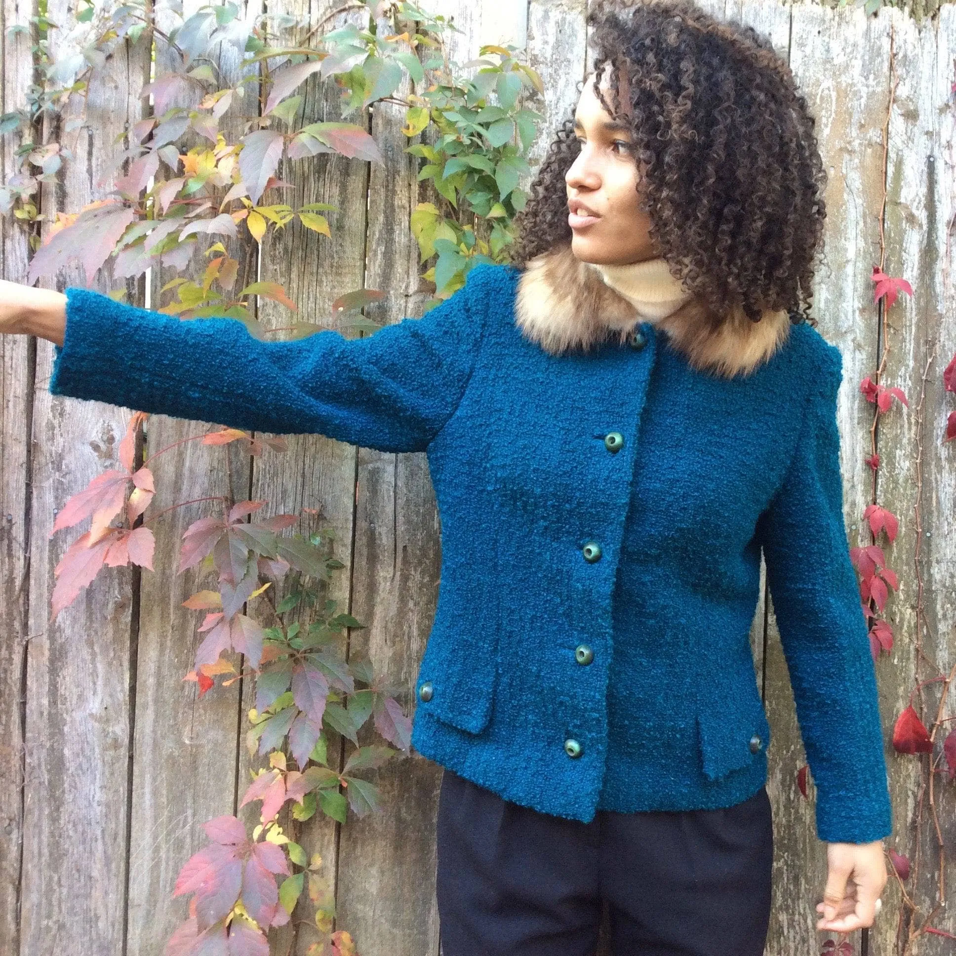 1960s Teal Wool Jacket With Fur Collar M