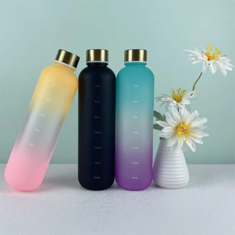 1L Gradient Water Bottle With Time Markers - Black