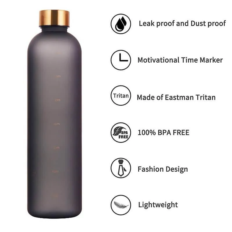 1L Gradient Water Bottle With Time Markers - Black