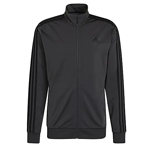 adidas Men's Essentials Warm-Up 3-Stripes Track Top, Dark Grey Heather/Black, Small