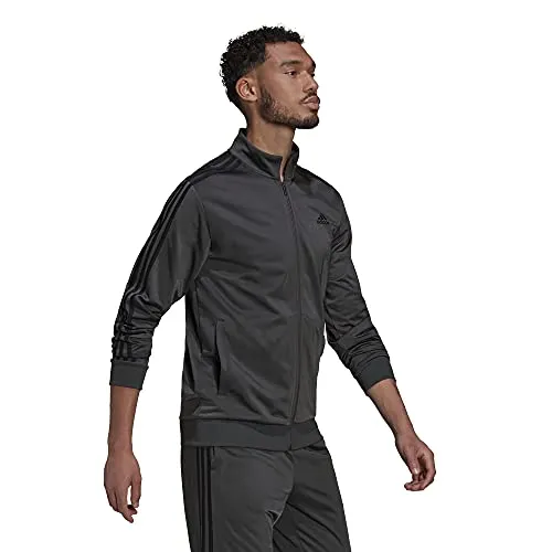 adidas Men's Essentials Warm-Up 3-Stripes Track Top, Dark Grey Heather/Black, Small
