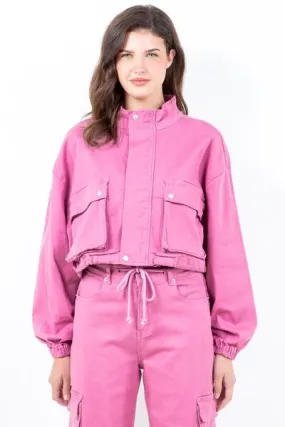 American Bazi Full Size Drawstring Hem Cargo Pocket Cropped Worker Jacket Plus Size