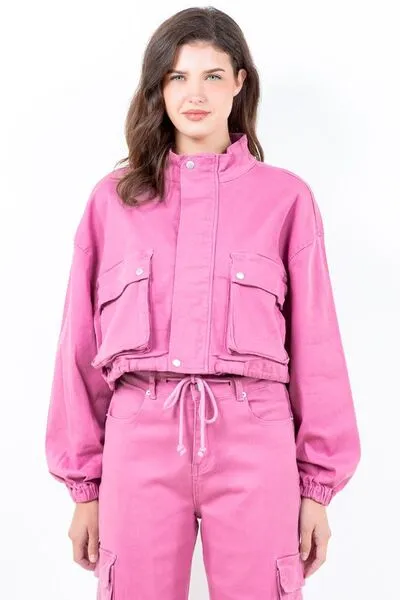 American Bazi Full Size Drawstring Hem Cargo Pocket Cropped Worker Jacket Plus Size