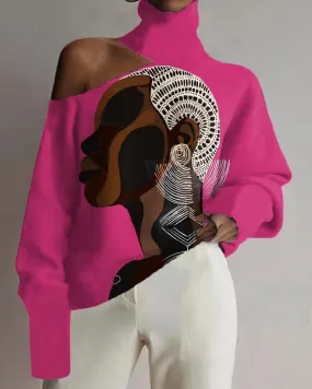 Art Colorblock Negro Print Cutout Turtleneck Top