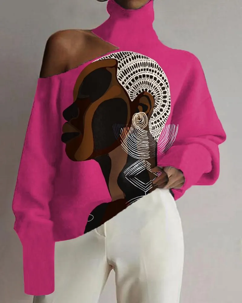 Art Colorblock Negro Print Cutout Turtleneck Top