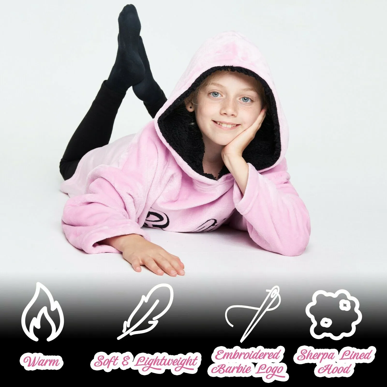 Barbie Girls Oversized Blanket Hoodie, Pink Sherpa Fleece Hooded Snuggle Blanket