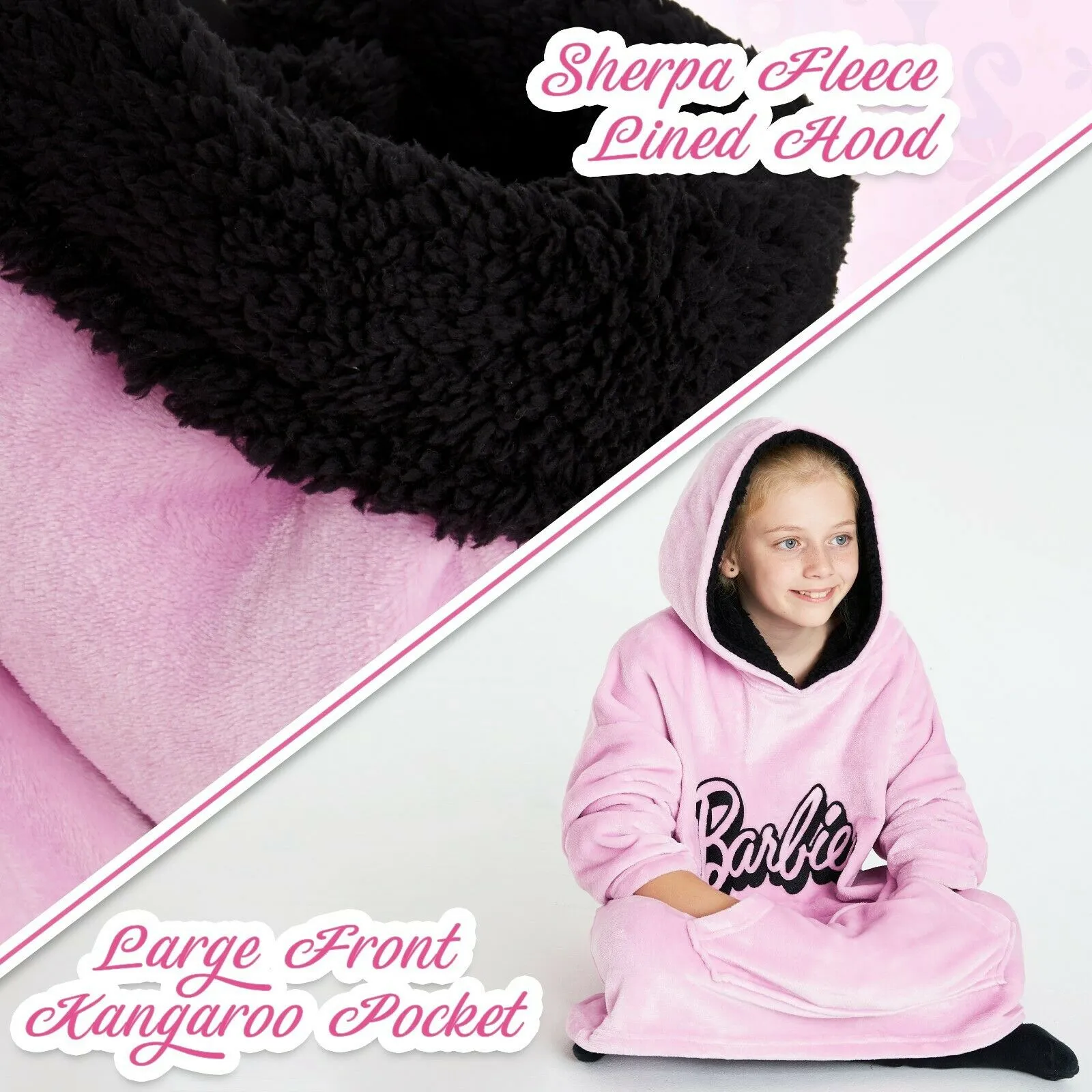 Barbie Girls Oversized Blanket Hoodie, Pink Sherpa Fleece Hooded Snuggle Blanket