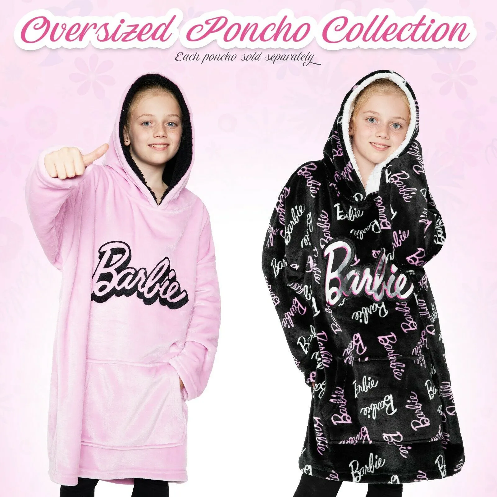 Barbie Girls Oversized Blanket Hoodie, Pink Sherpa Fleece Hooded Snuggle Blanket