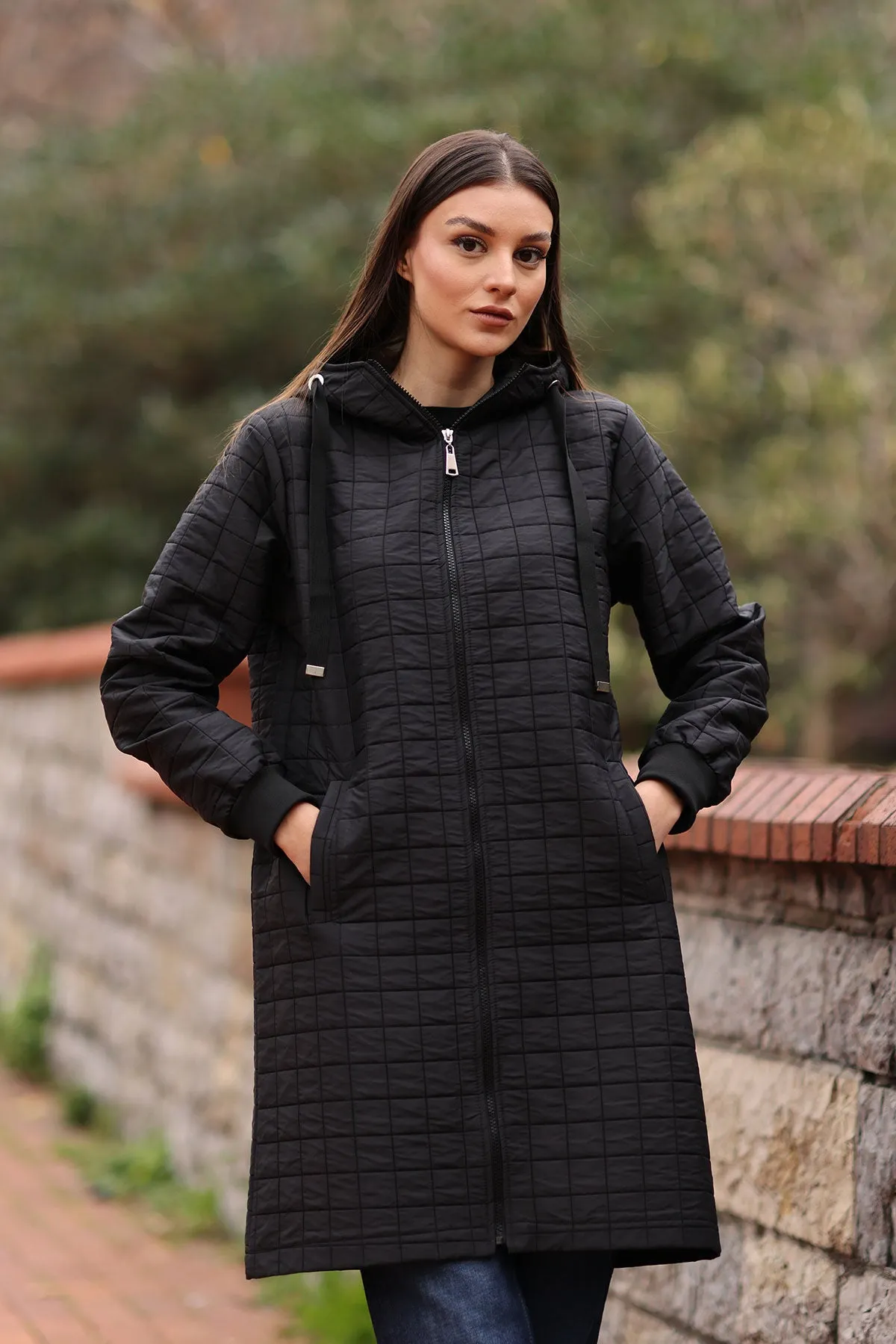 BGD Women Quilted Long Coat - Black - Tracy
