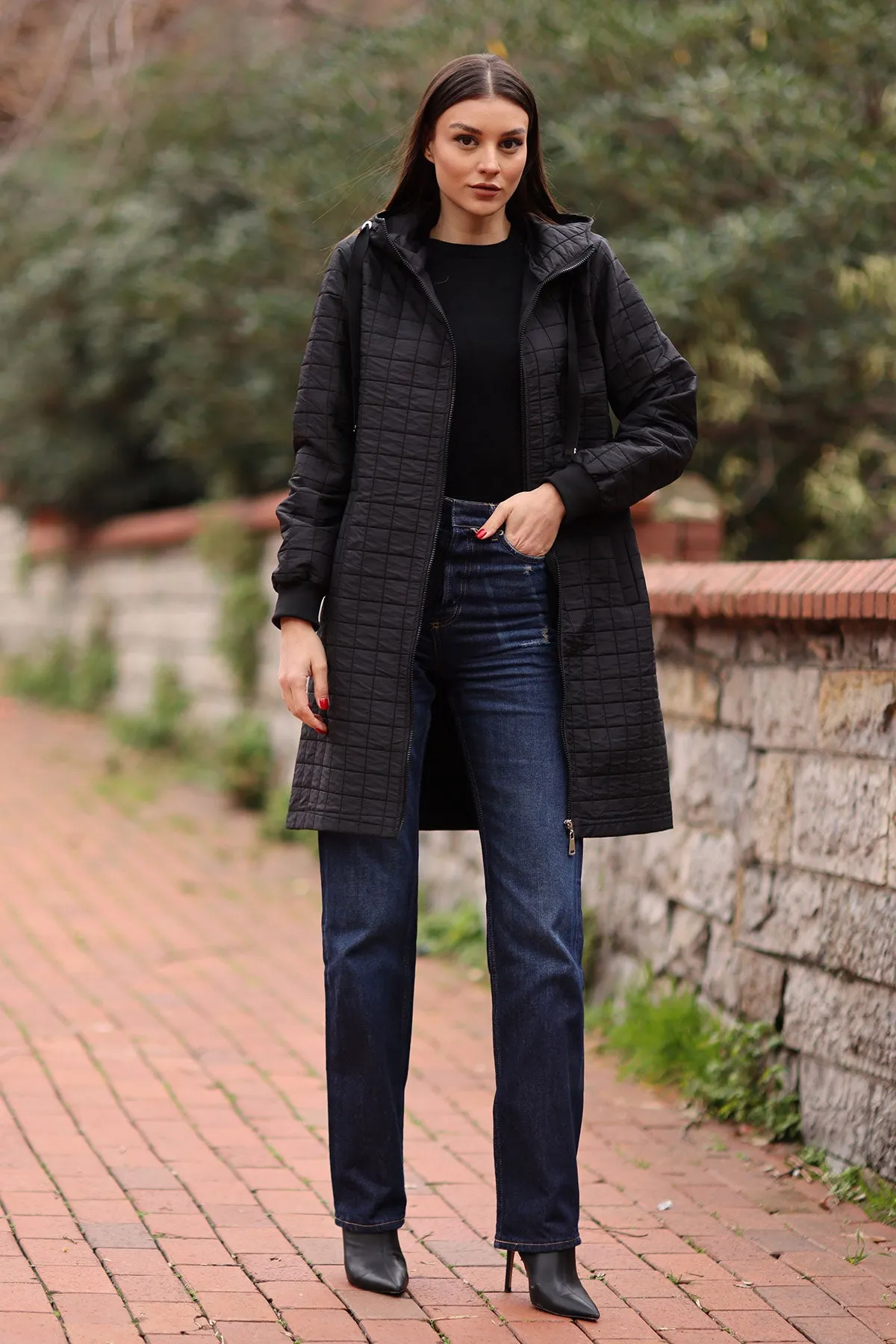 BGD Women Quilted Long Coat - Black - Tracy