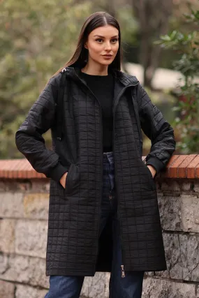 BGD Women Quilted Long Coat - Black - Tracy