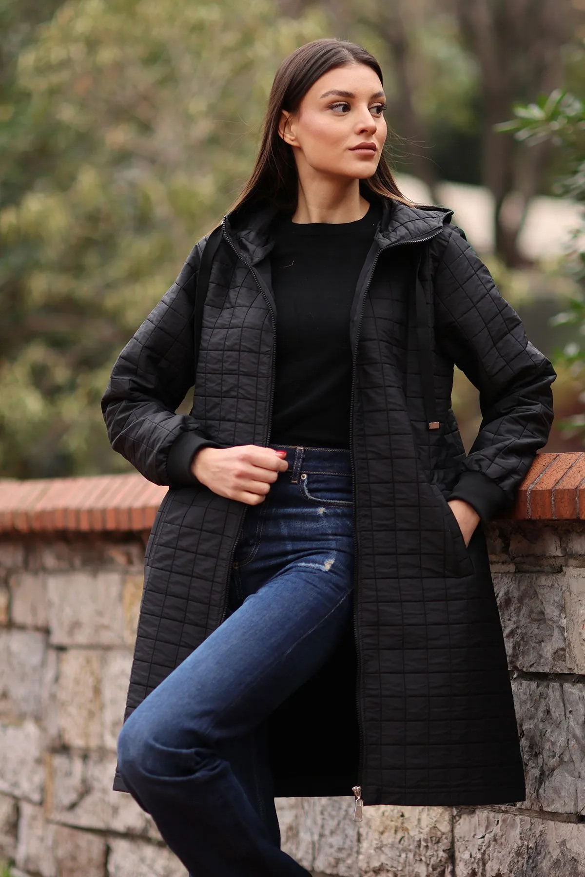BGD Women Quilted Long Coat - Black - Tracy