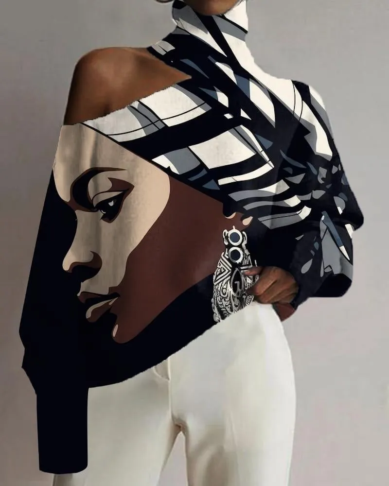 Black Girl Ethnic Style Color Patchwork Casual Print Off-shoulder Top