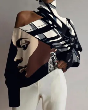 Black Girl Ethnic Style Color Patchwork Casual Print Off-shoulder Top