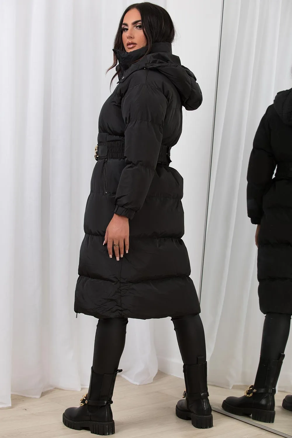 Black Long Puffer Padded Coat With Gold Chain Belt