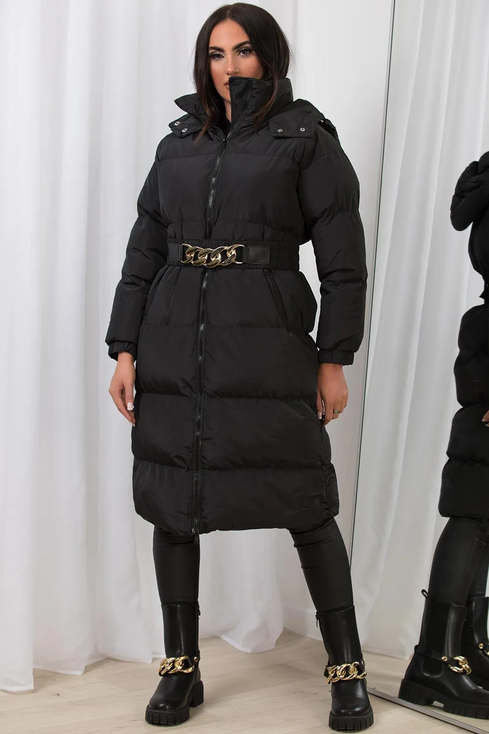 Black Long Puffer Padded Coat With Gold Chain Belt