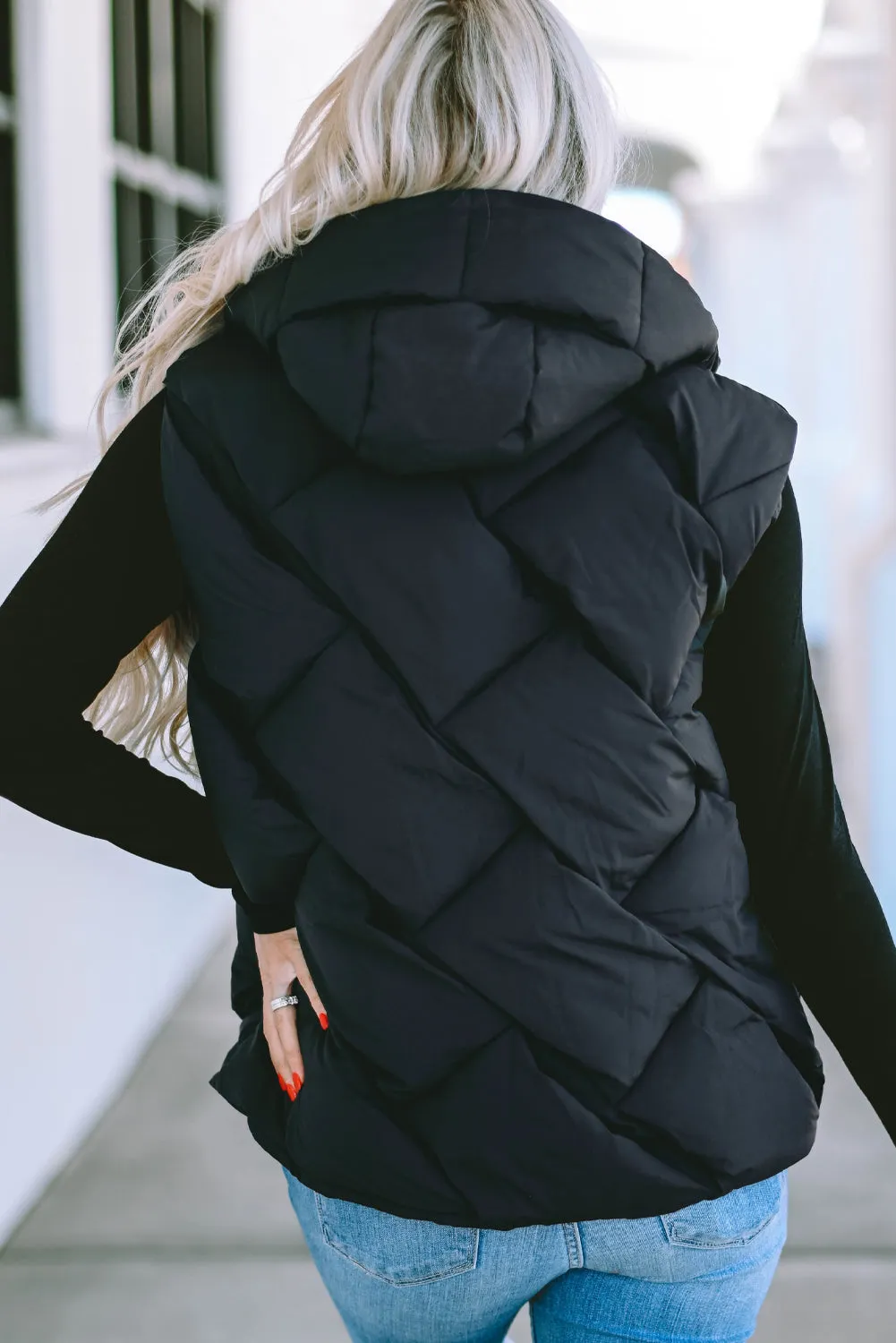 Black Quilted Zipper Front Hooded Vest Coat From MsDressly