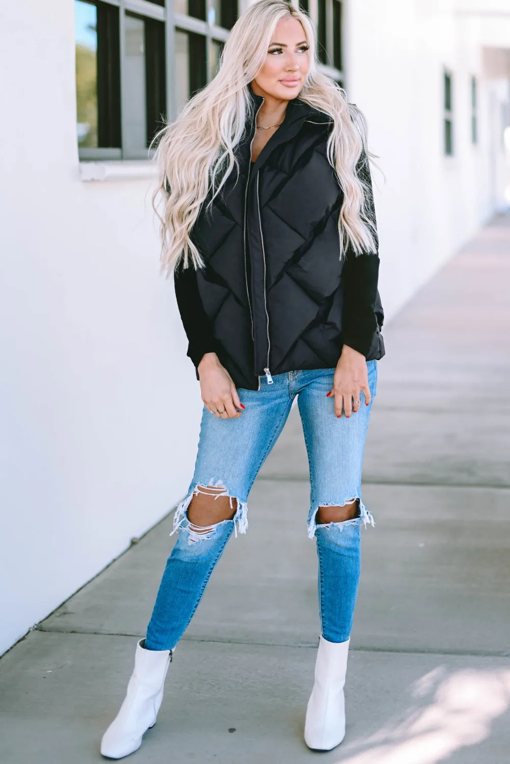 Black Quilted Zipper Front Hooded Vest Coat From MsDressly