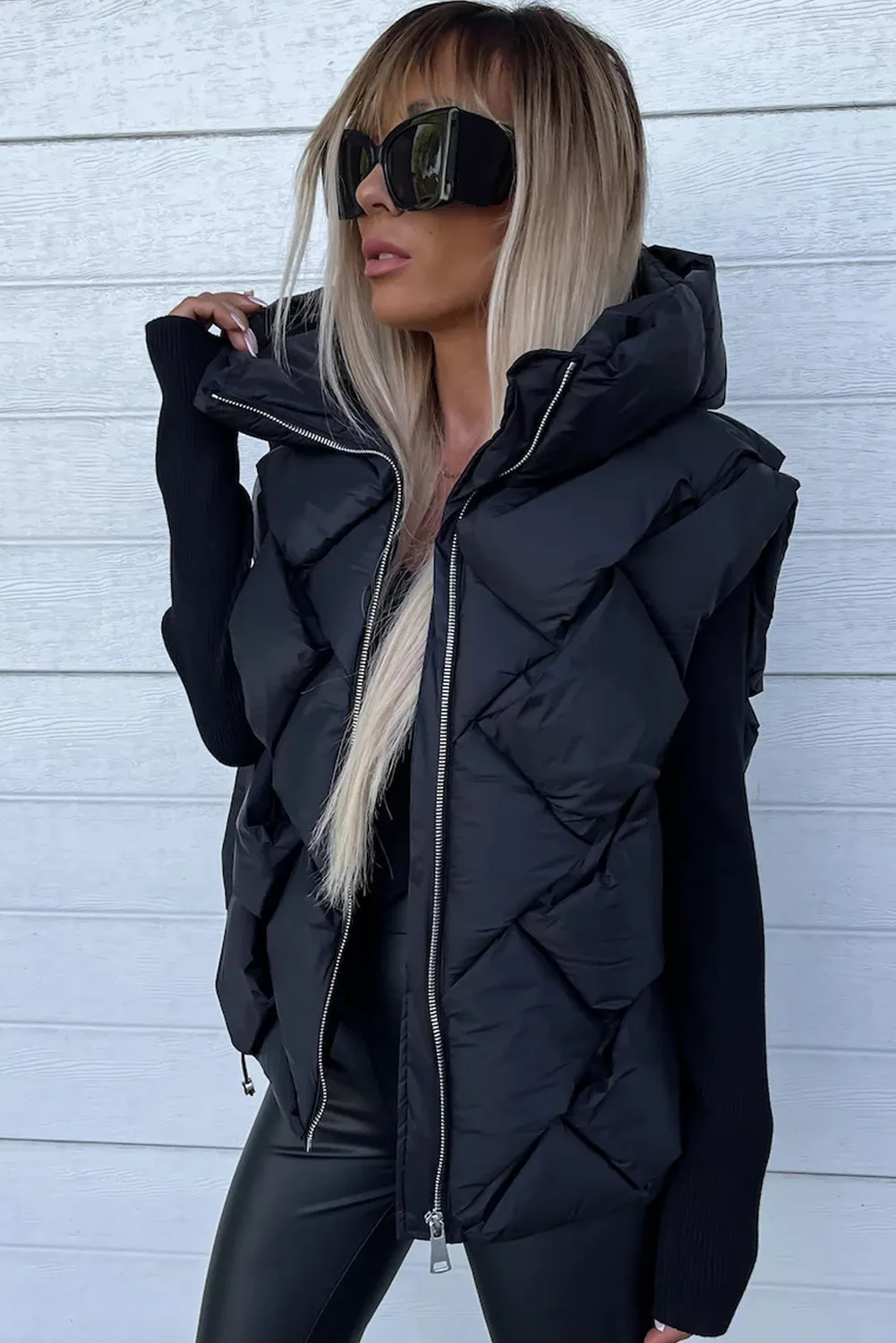 Black Quilted Zipper Front Hooded Vest Coat From MsDressly