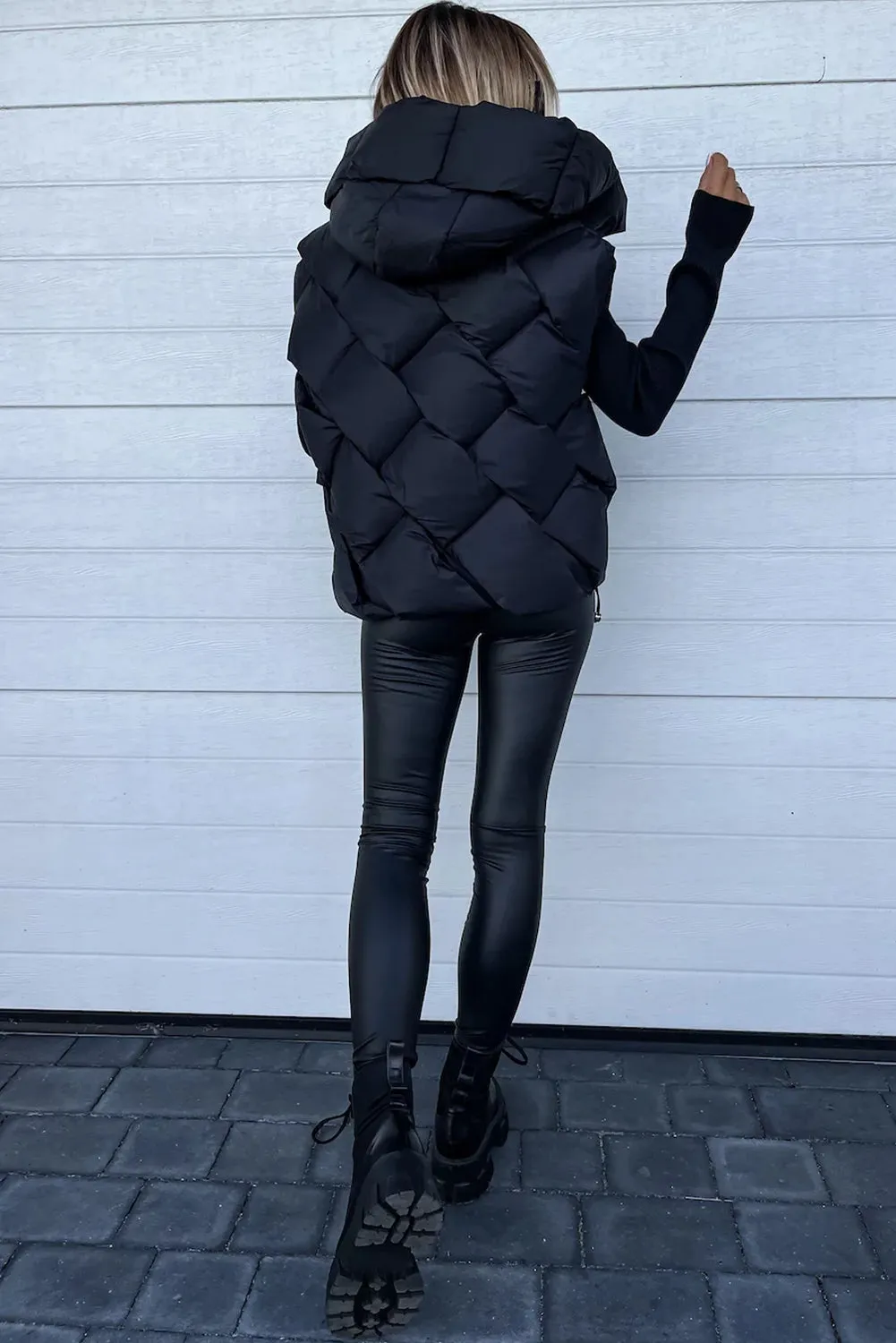 Black Quilted Zipper Front Hooded Vest Coat From MsDressly
