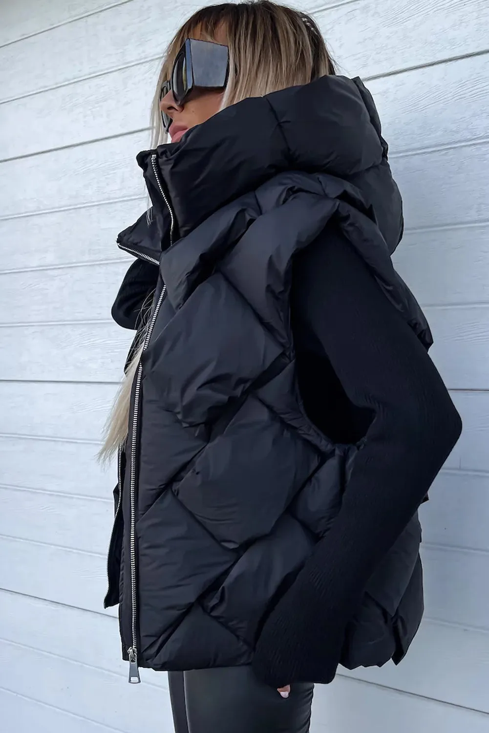 Black Quilted Zipper Front Hooded Vest Coat From MsDressly