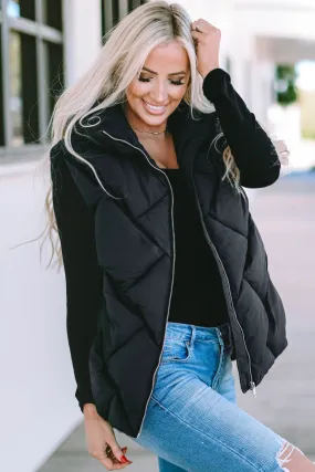 Black Quilted Zipper Front Hooded Vest Coat From MsDressly