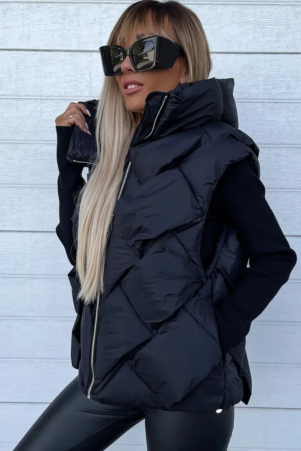 Black Quilted Zipper Front Hooded Vest Coat From MsDressly
