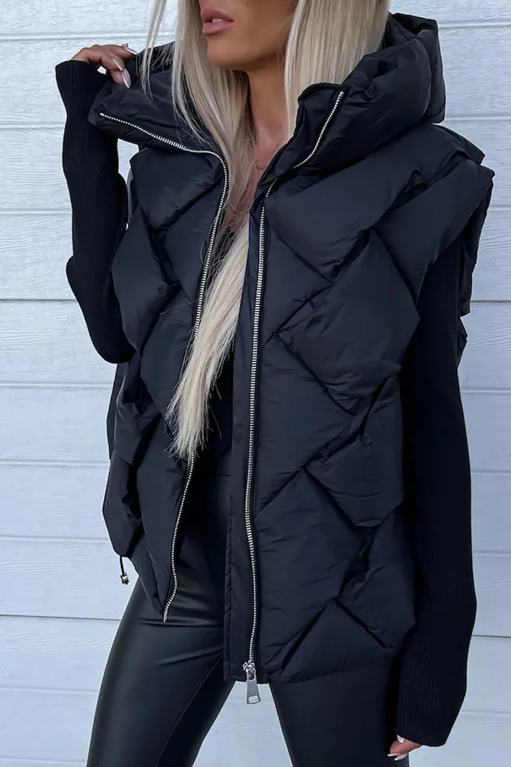Black Quilted Zipper Front Hooded Vest Coat From MsDressly