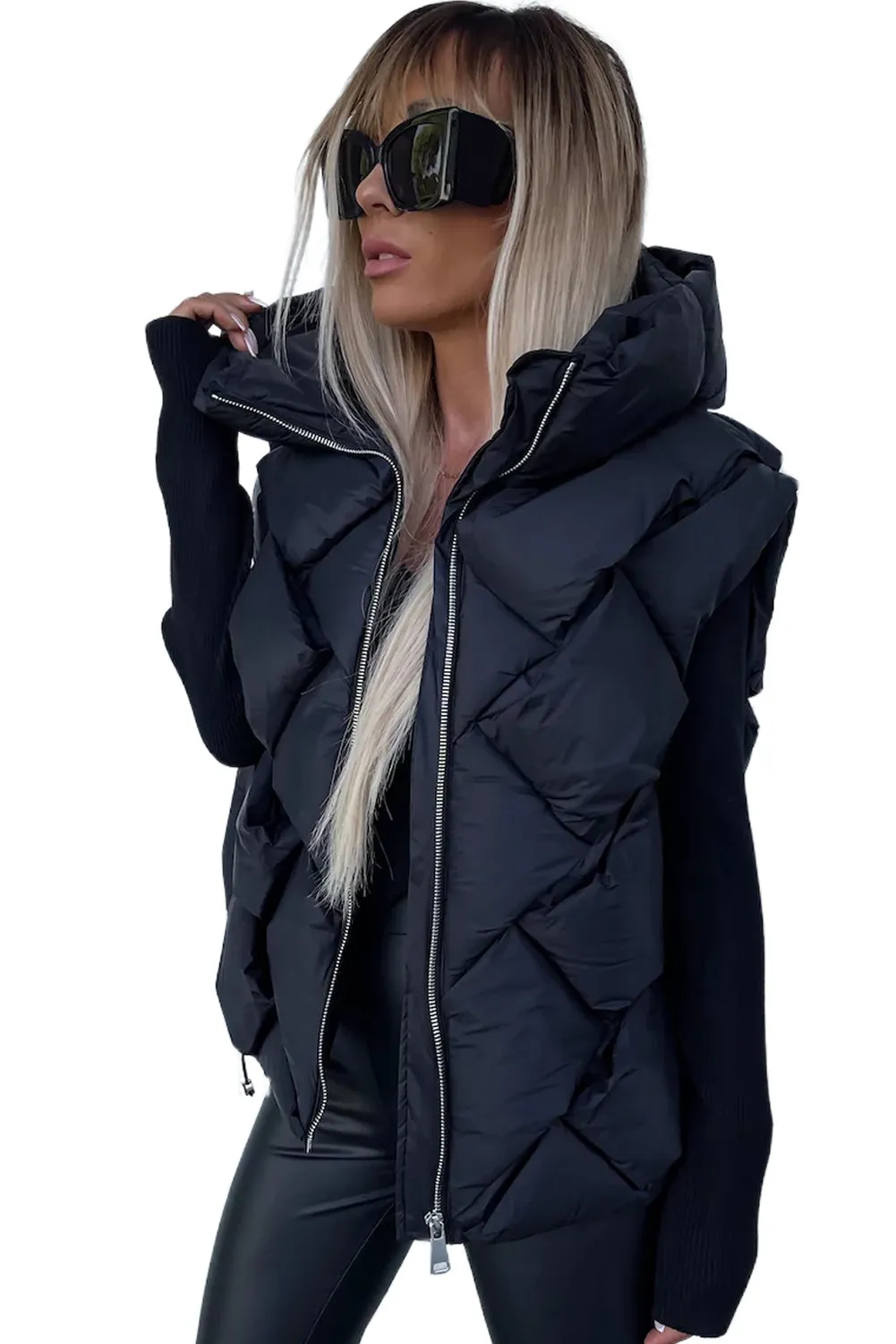 Black Quilted Zipper Front Hooded Vest Coat From MsDressly