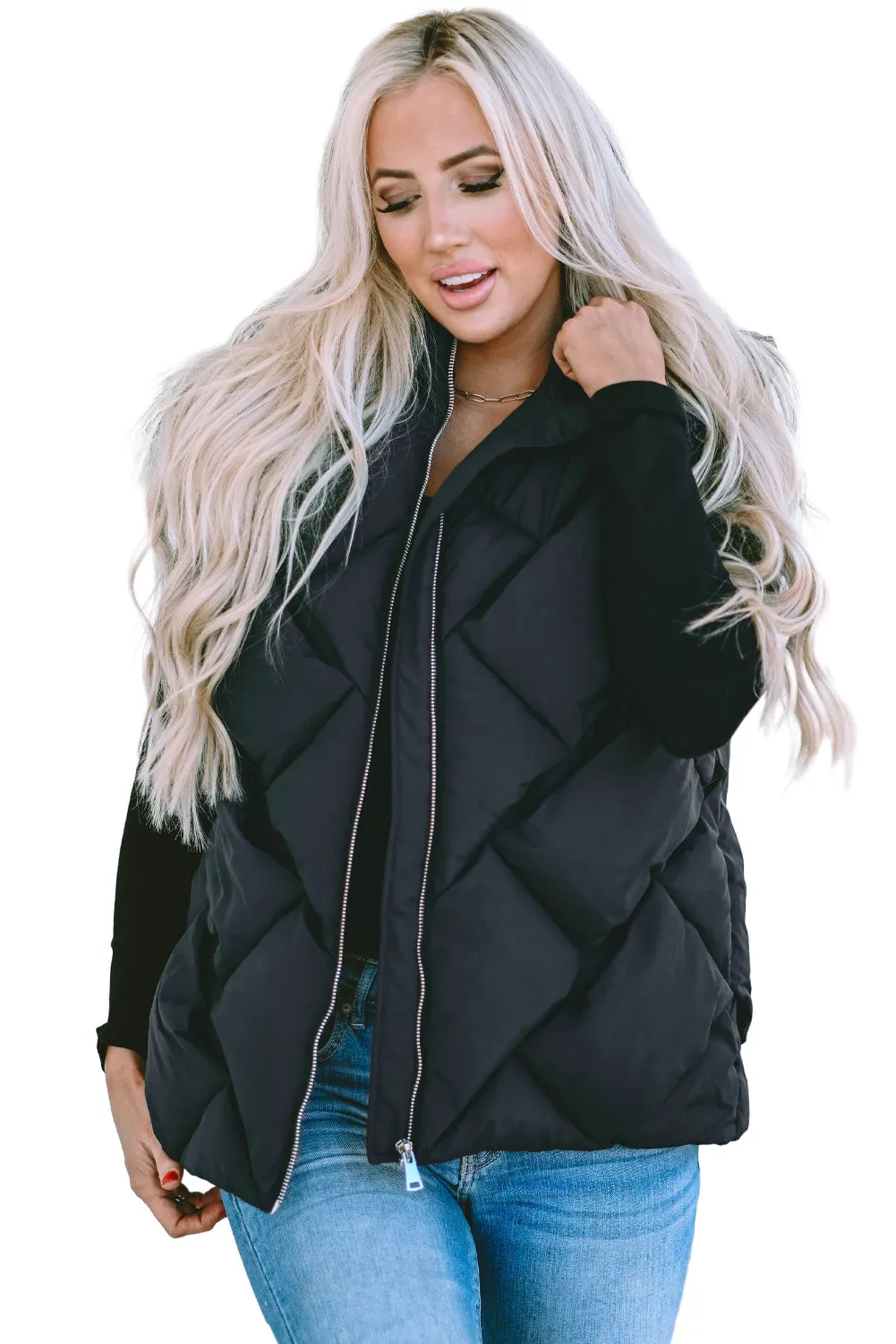 Black Quilted Zipper Front Hooded Vest Coat From MsDressly