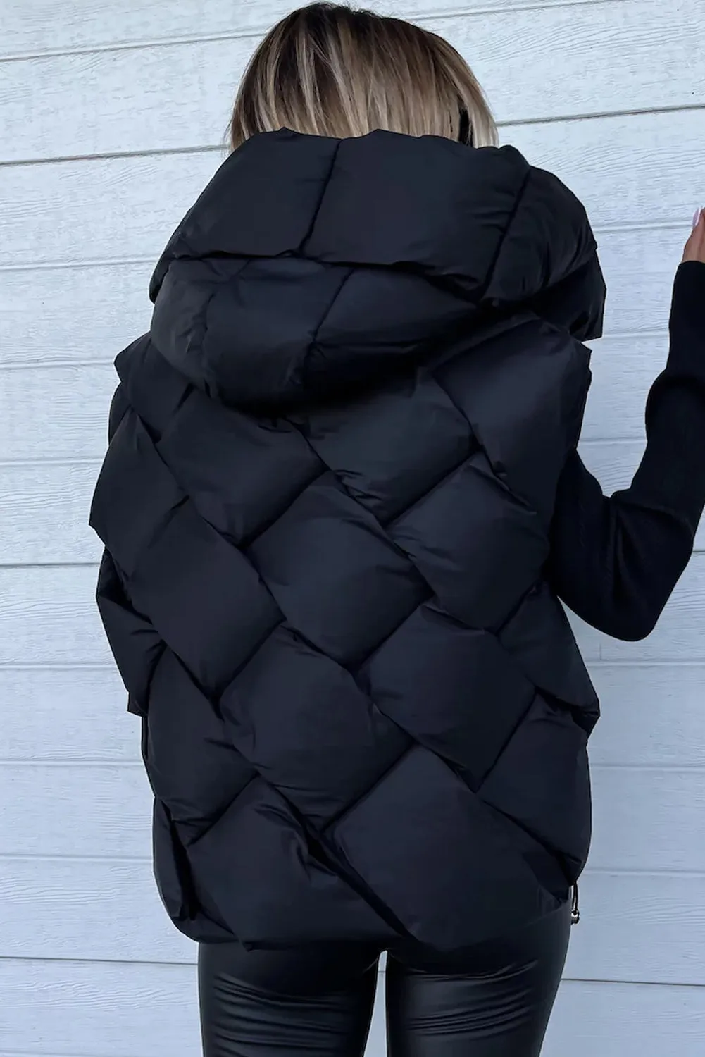 Black Quilted Zipper Front Hooded Vest Coat From MsDressly