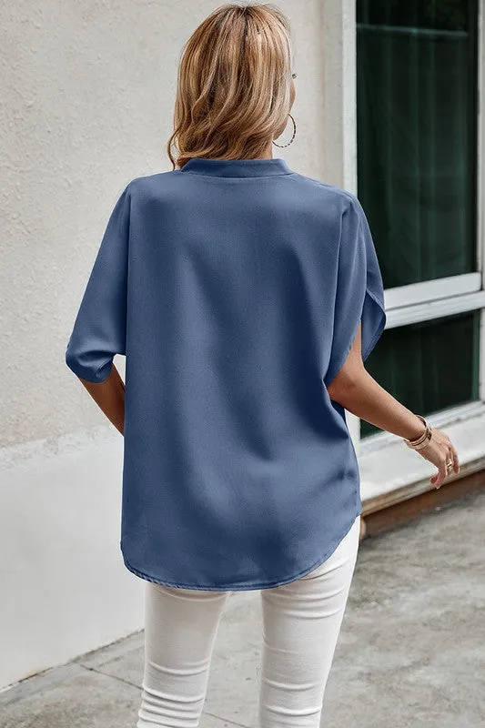 Blue V Neck Loose Fit Half Sleeve
