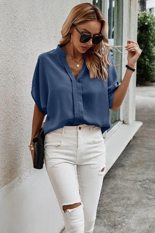 Blue V Neck Loose Fit Half Sleeve