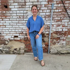 Blue V Neck Loose Fit Half Sleeve