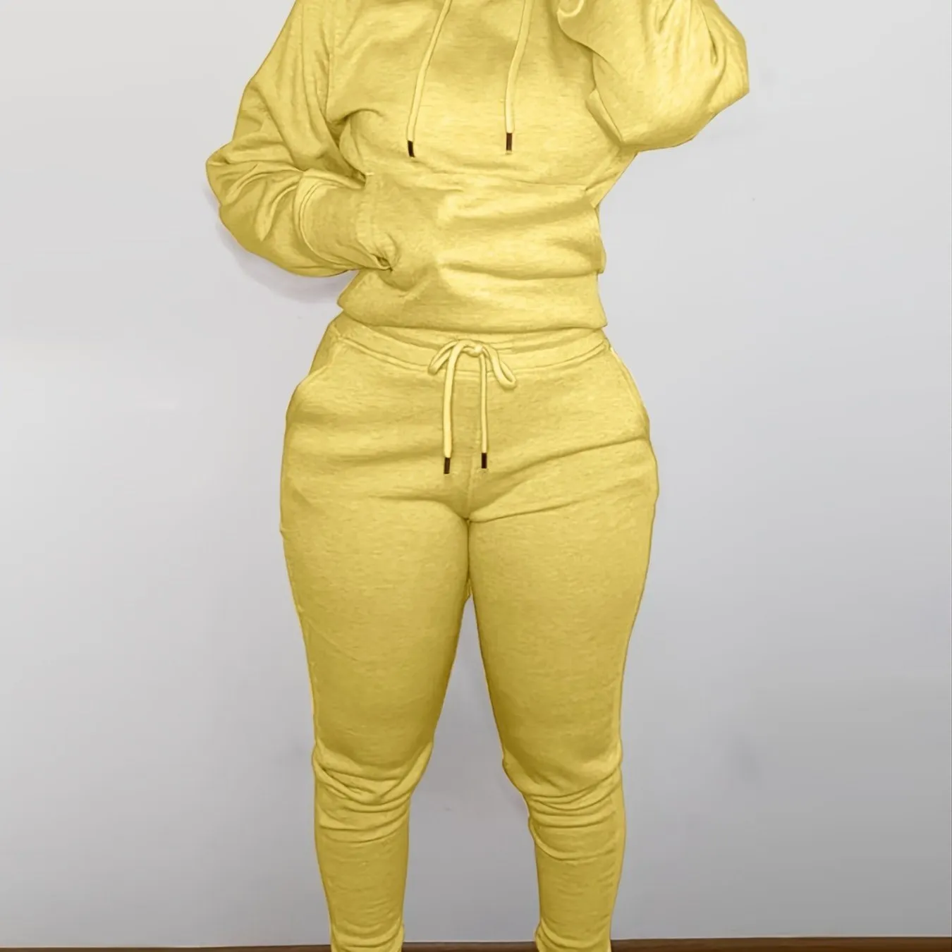 Casual Drawstring Pantsuits Two-piece Set; Pocket Hoodies Tops & Loose Long Sweatpants Set; Women's Clothing