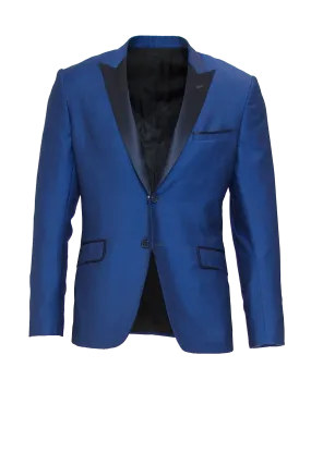 COBALT BLUE FITTED 2-BUTTON SINGLE BREASTED WOOL SUIT JACKET W/ NAVY BLUE SILK LAPEL