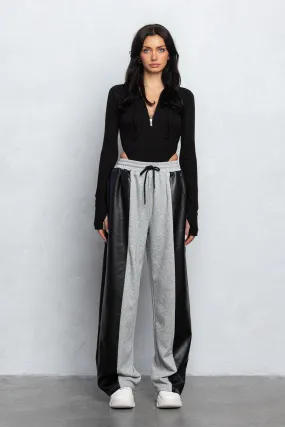 CONTRAST LEATHER WIDE LEG SWEATPANTS