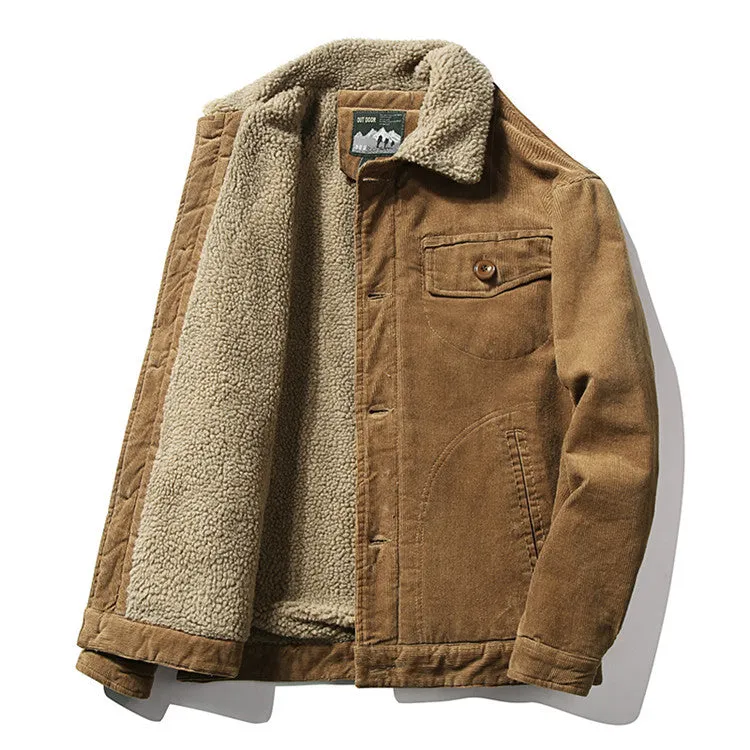 Corduroy Varsity Jacket Autumn Winter Coat Men's Fleece Jacket Retro Short Overalls Berber Fleece Coat