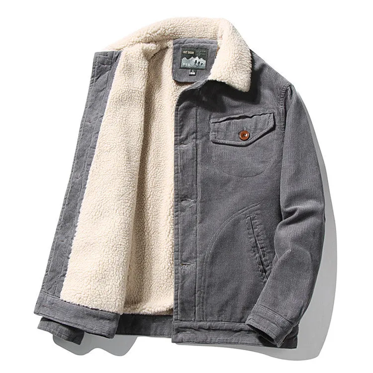 Corduroy Varsity Jacket Autumn Winter Coat Men's Fleece Jacket Retro Short Overalls Berber Fleece Coat
