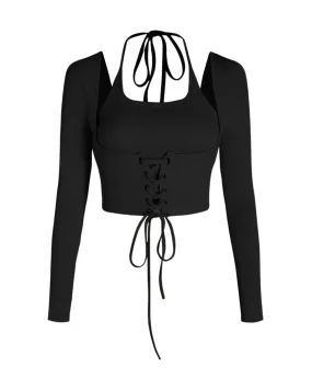 Corset Style Tie Around Full Sleeve Ribbed Black Top