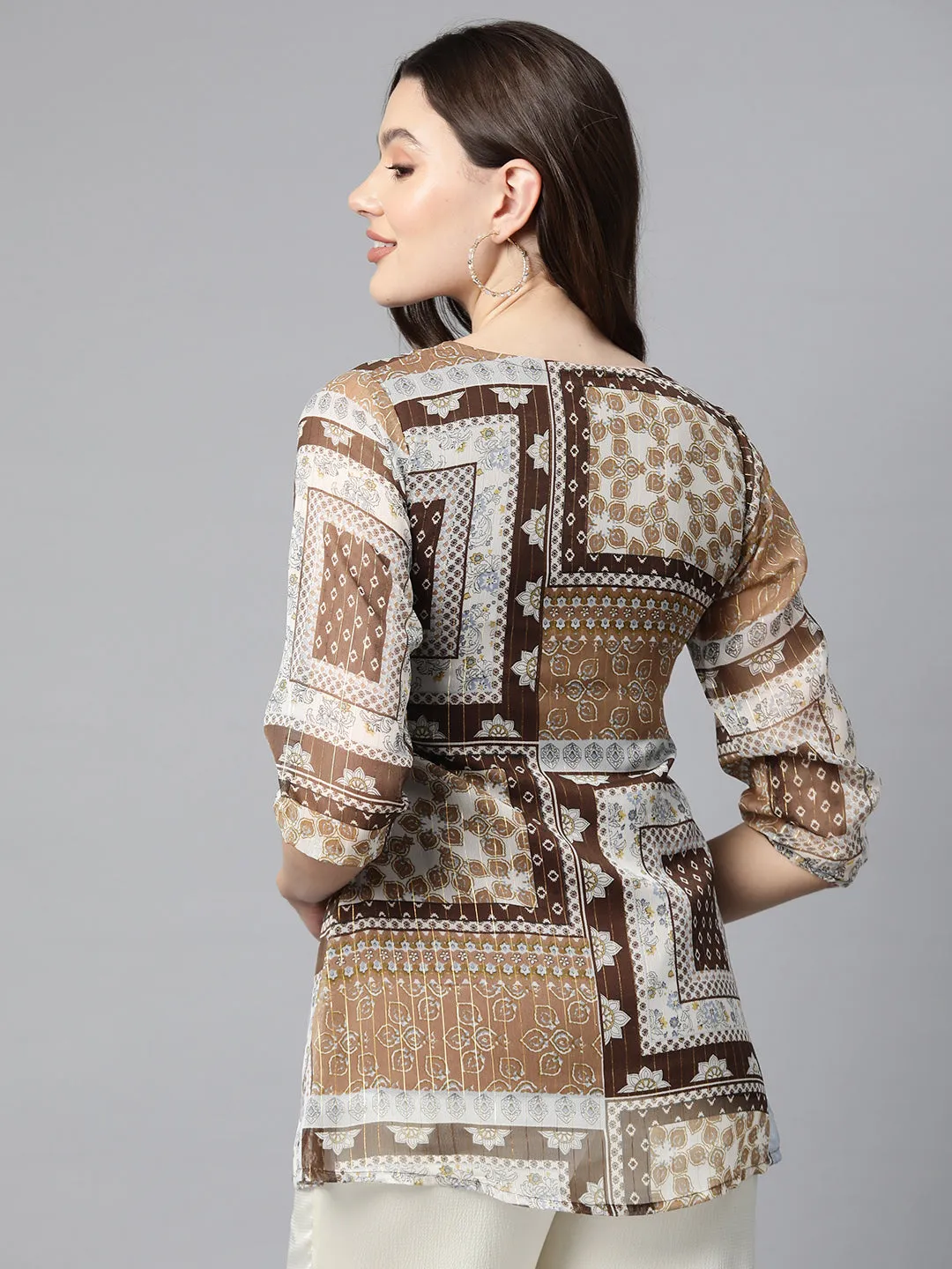 Cottinfab Ethnic Motifs Print Tie-Up Neck Georgette Top