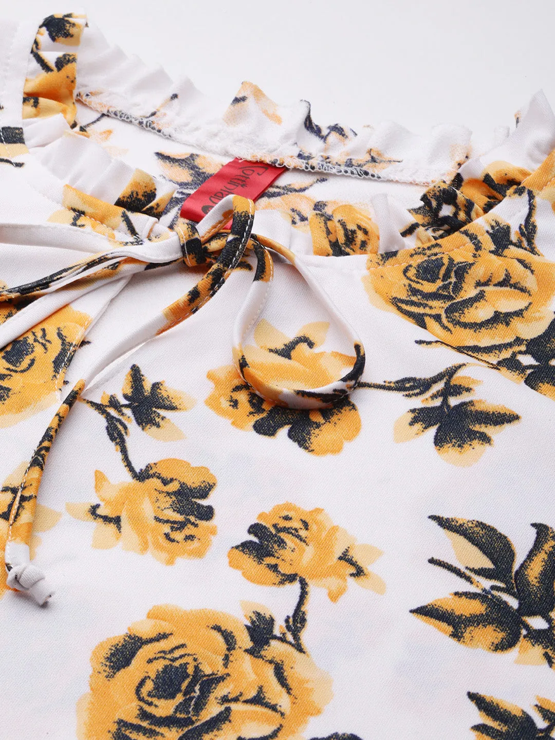 Cottinfab Floral Print Tie-Up Neck Puff Sleeves Shirt Style Top