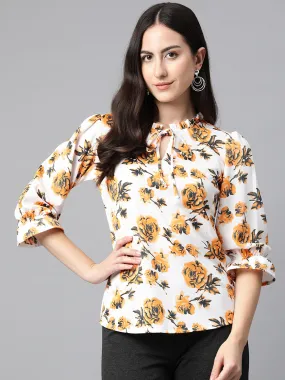 Cottinfab Floral Print Tie-Up Neck Puff Sleeves Shirt Style Top