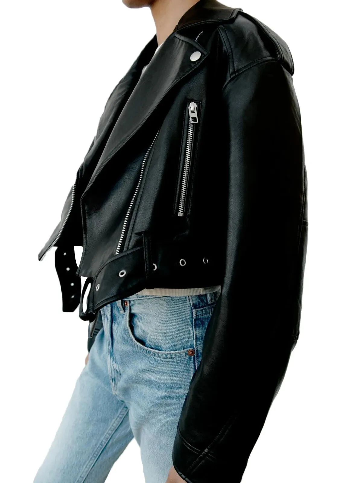 Cropped Faux Leather Biker Jacket