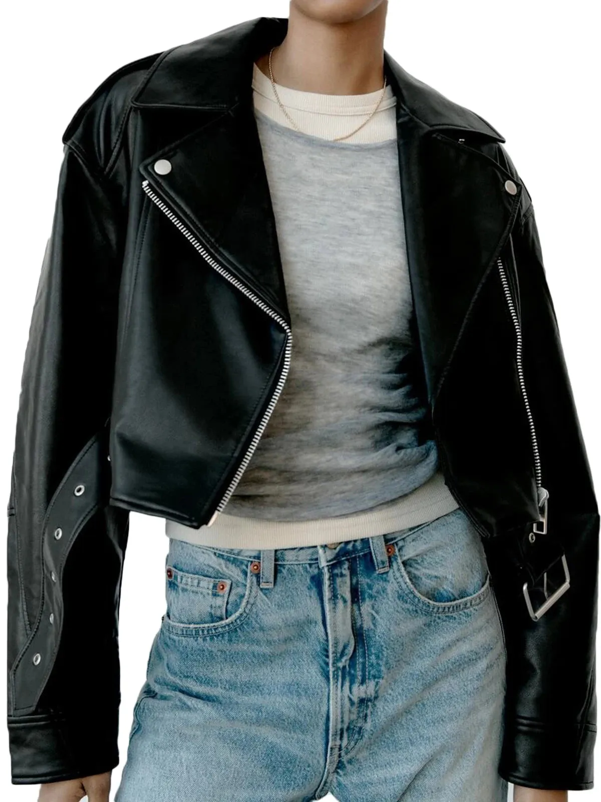 Cropped Faux Leather Biker Jacket