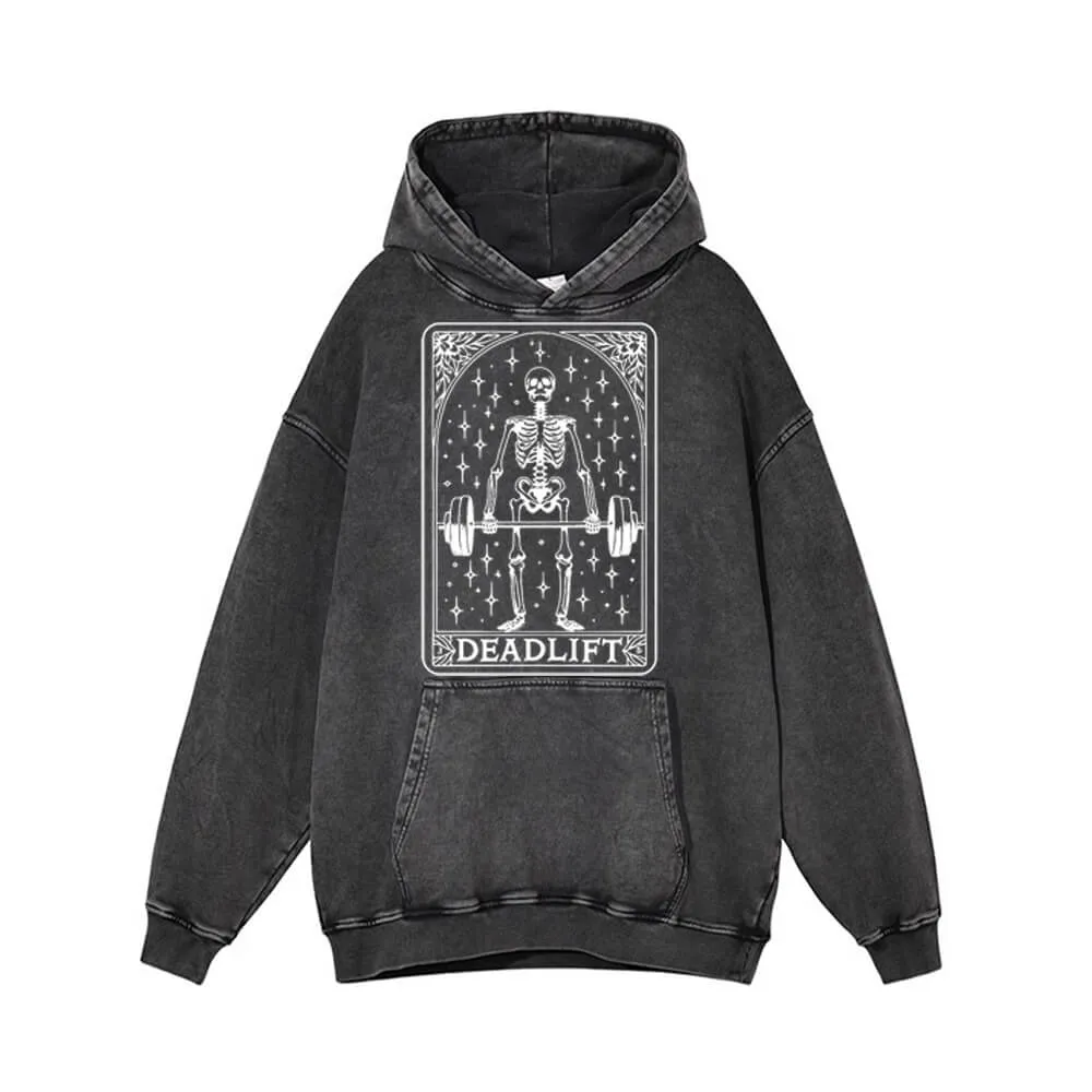 Deadlift Skeleton Barbell Tarot Vintage Washed Hoodie