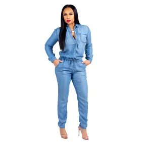 Denim Fashion Tie Jeans Women's Slim Fit Casual Jumpsuit