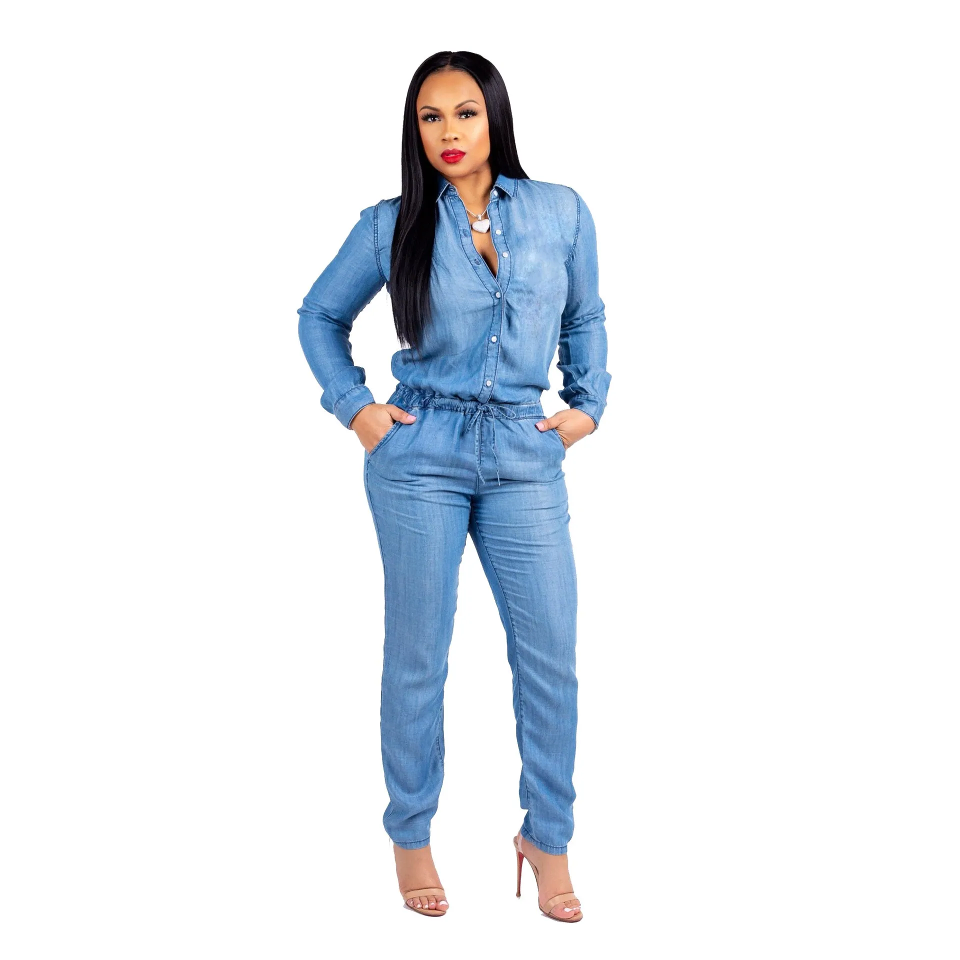 Denim Fashion Tie Jeans Women's Slim Fit Casual Jumpsuit